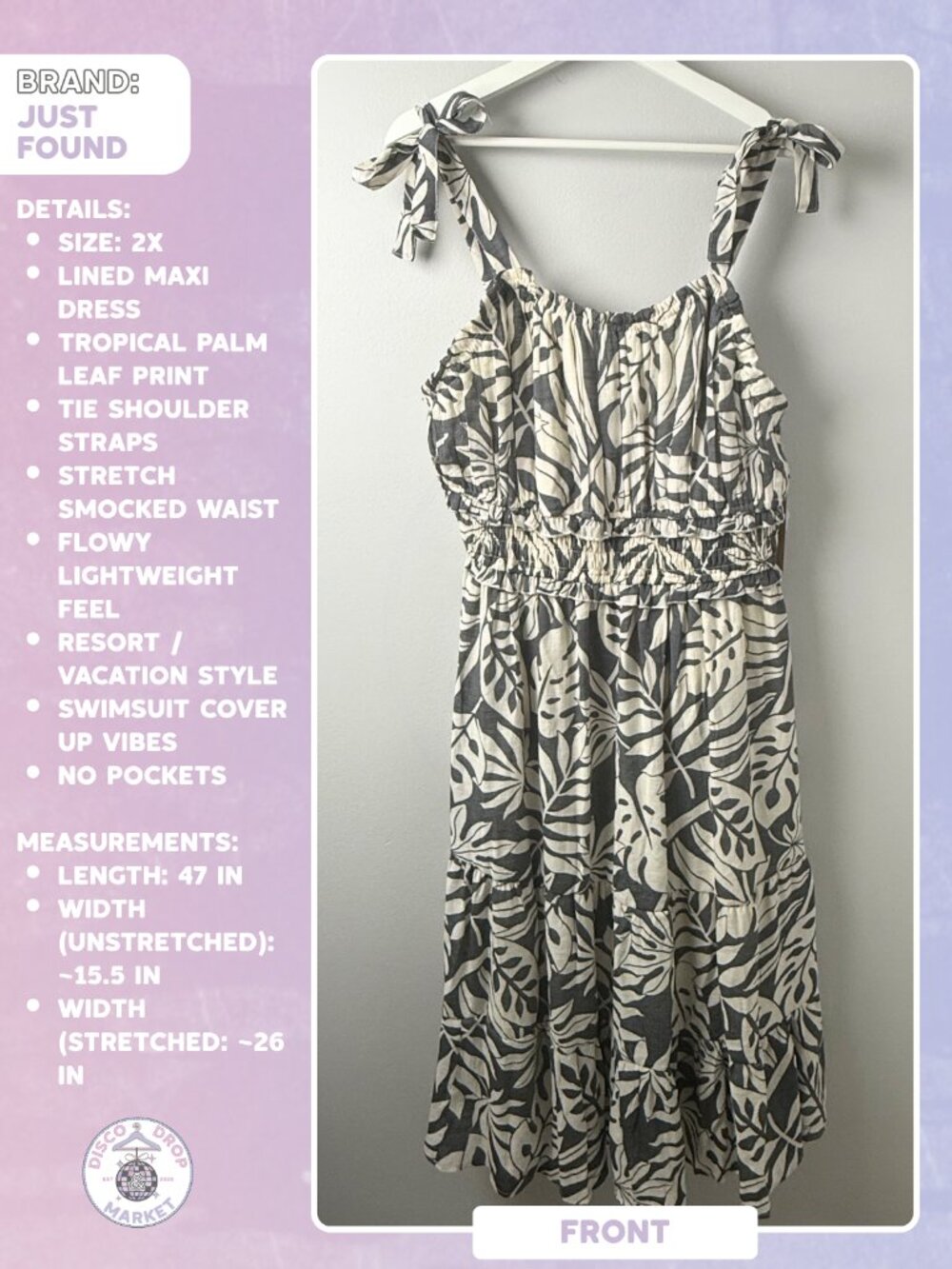 Tropical Palm Print Smocked Maxi Dress 2X Resort Vacation or Cover Up
